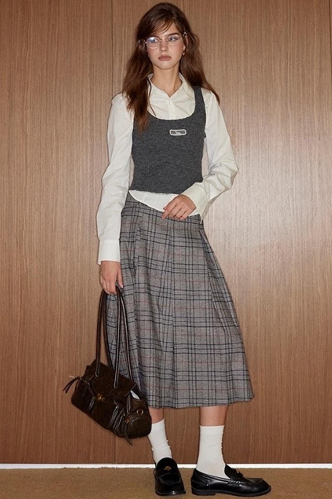 Vintage Gray Plaid Midi Pleated Skirt