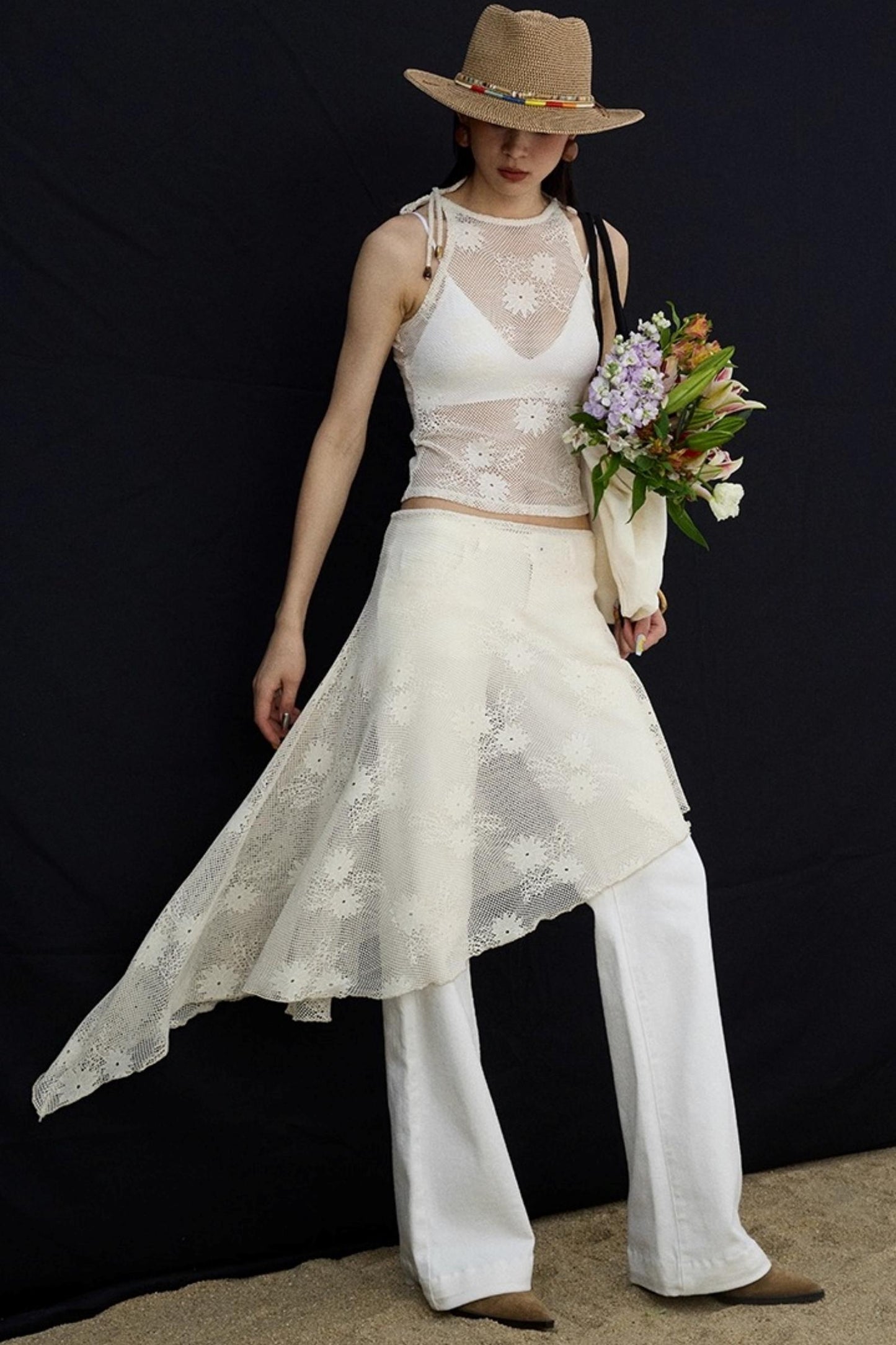 Jacquard Lace-Up Layered Skirt Set-Up