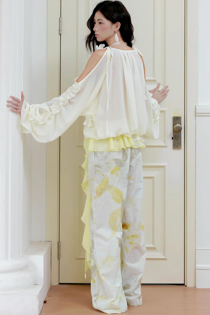 Botanical Ruffle Chiffon Wide-Leg Trousers