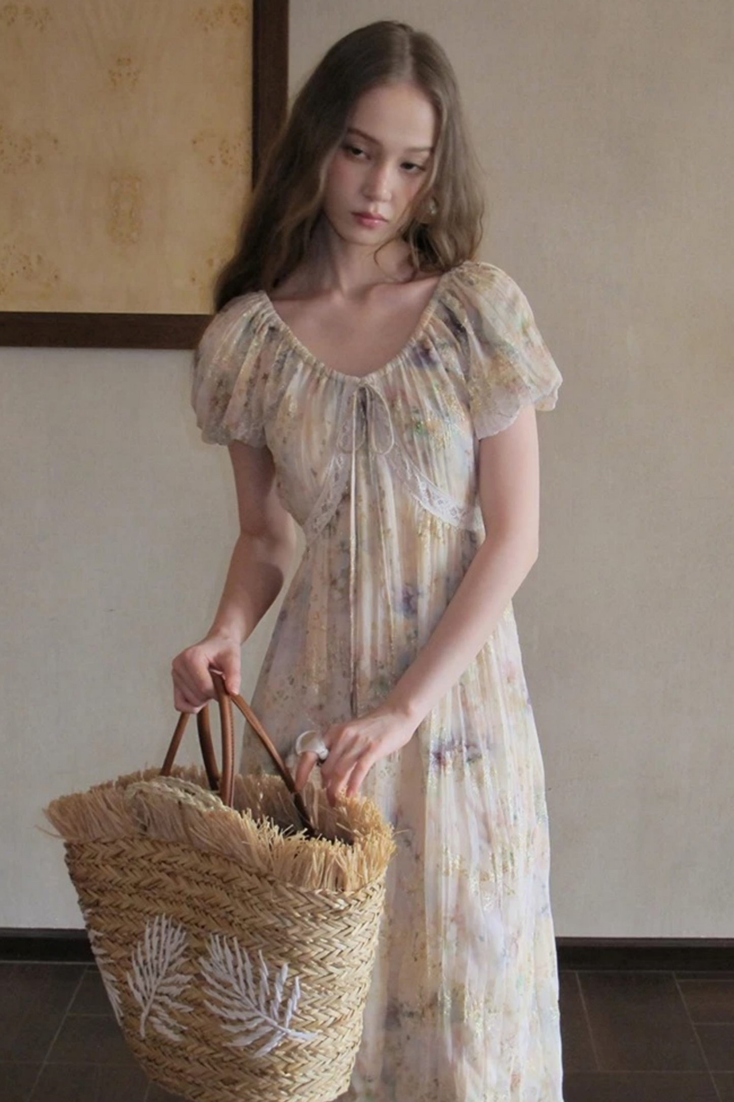 Embroidery Pleated Puff Sleeve Dress