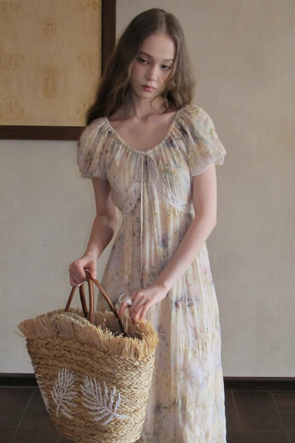 Embroidery Pleated Puff Sleeve Dress