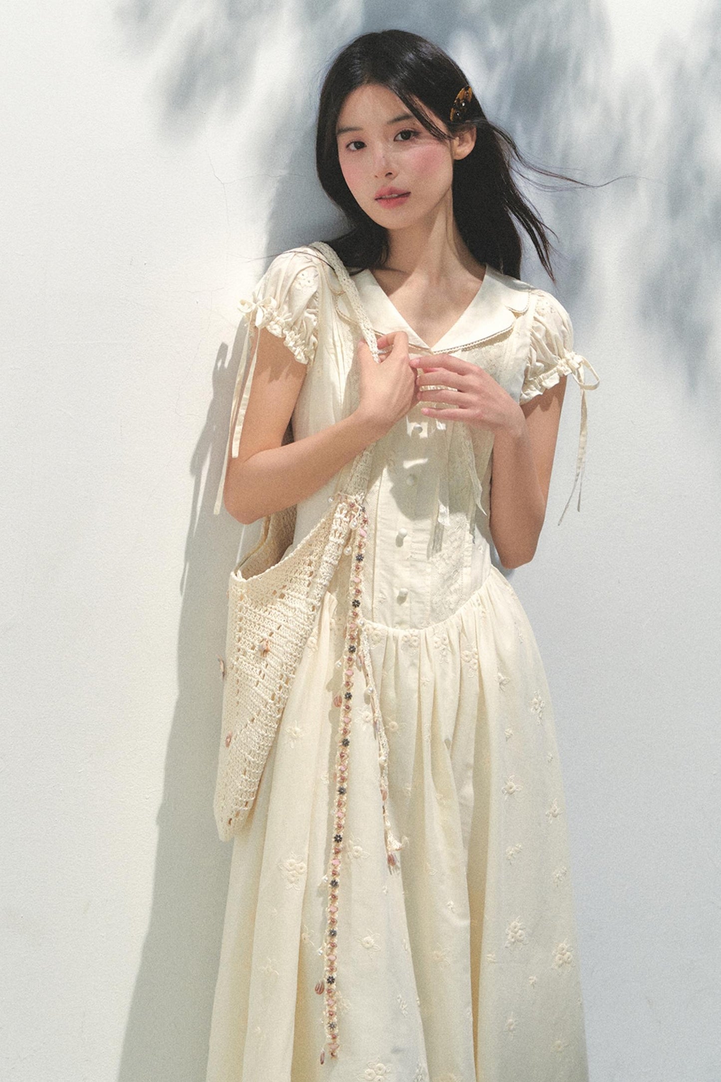 Holiday Embroidered Bubble Sleeve Dress