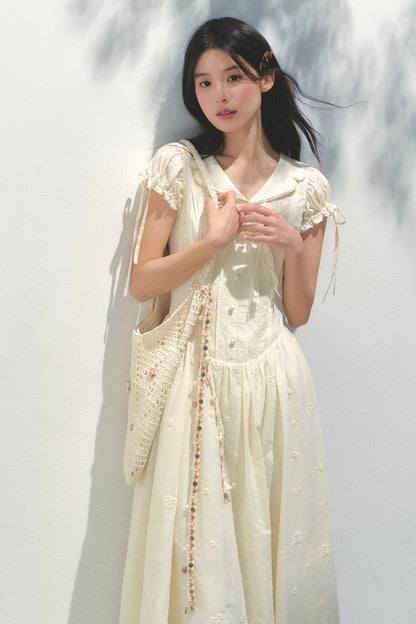 Holiday Embroidered Bubble Sleeve Dress