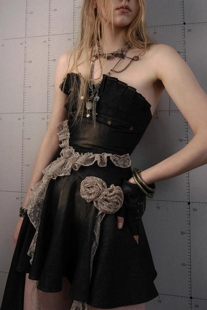 Vintage Black Lace Denim Dress