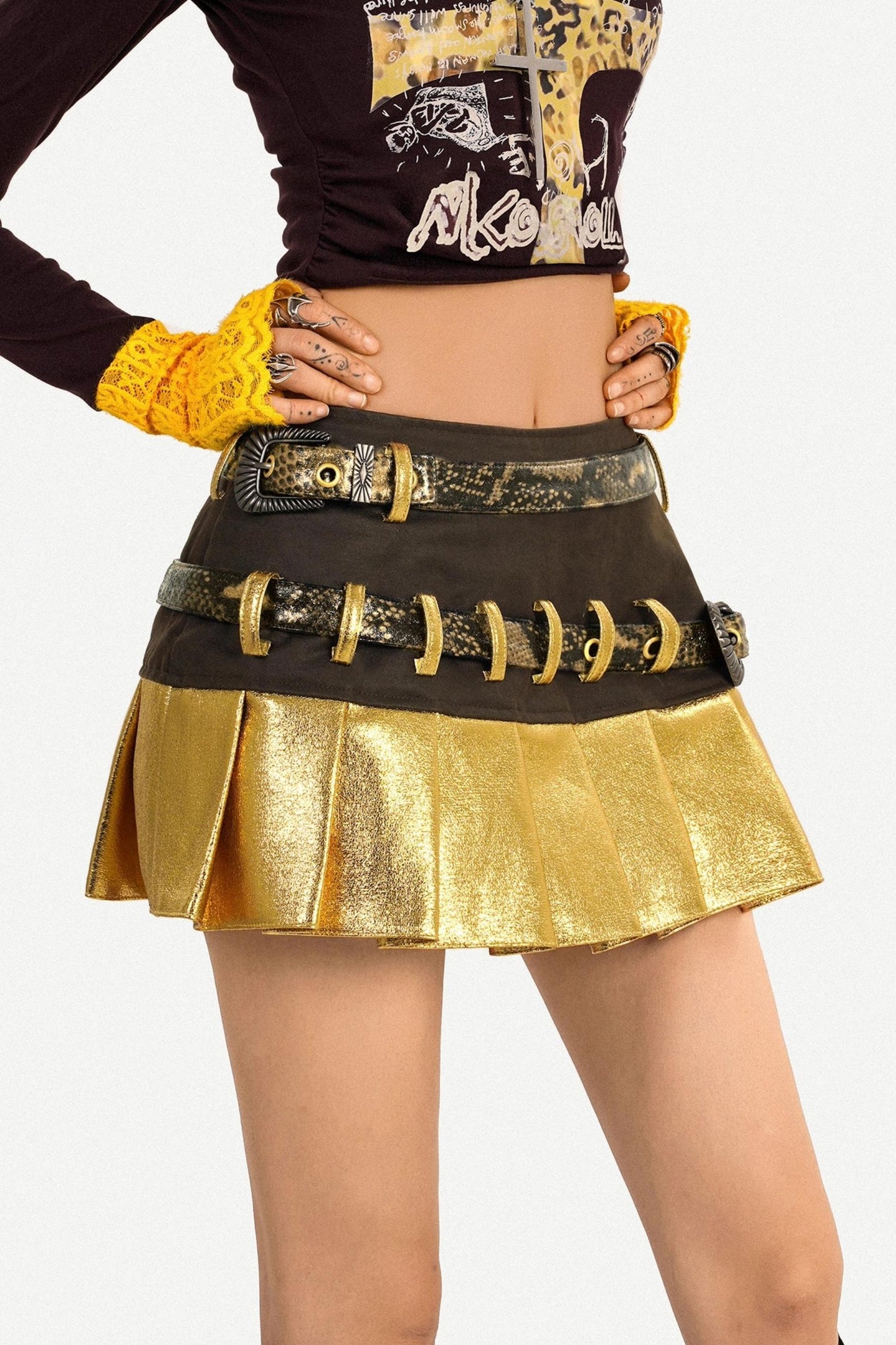 Gold Patchwork Pleated Skirt