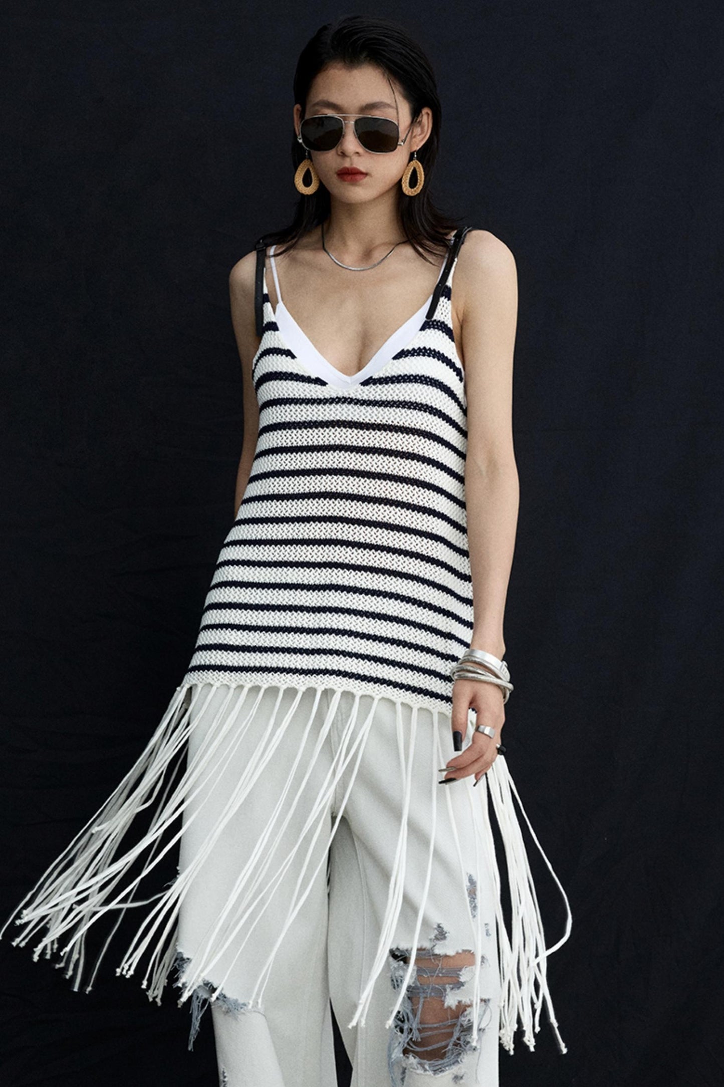 Summer Jacquard V-Neck Leather Hem Vest