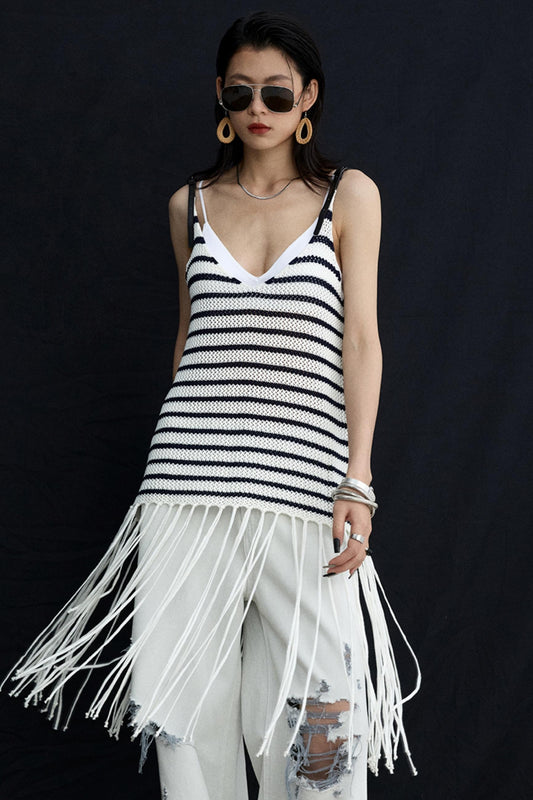 Summer Jacquard V-Neck Leather Hem Vest