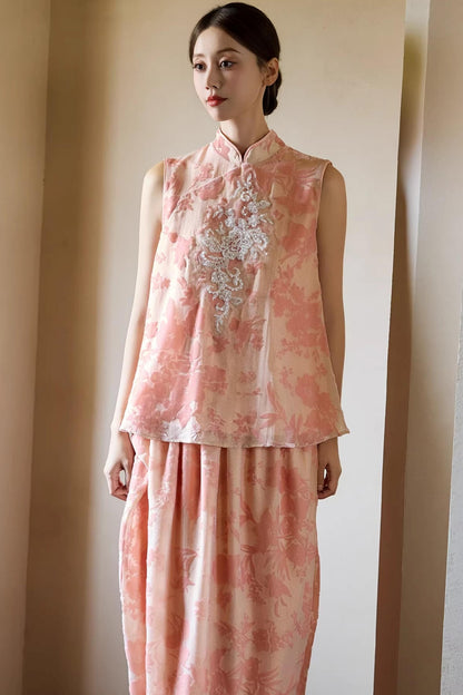 Embroidered Pink Cheongsam Skirt Set-Up