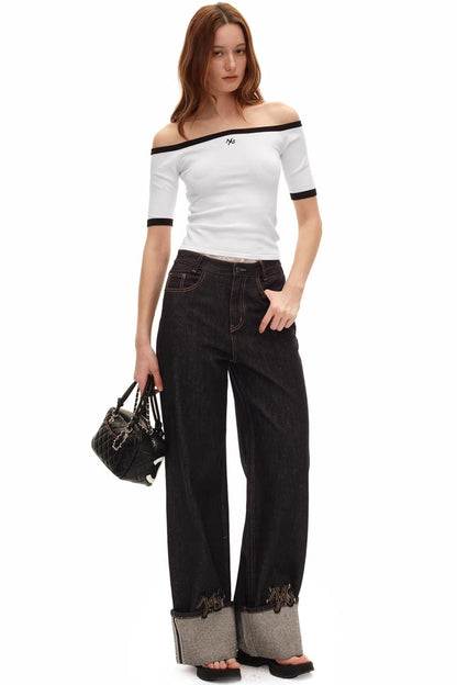 Off-Shoulder Contrast Knit Top