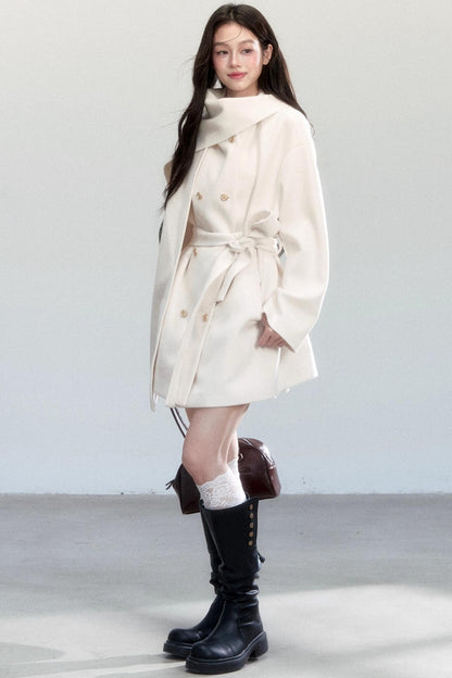 White Lace-Up Woolen Jacket