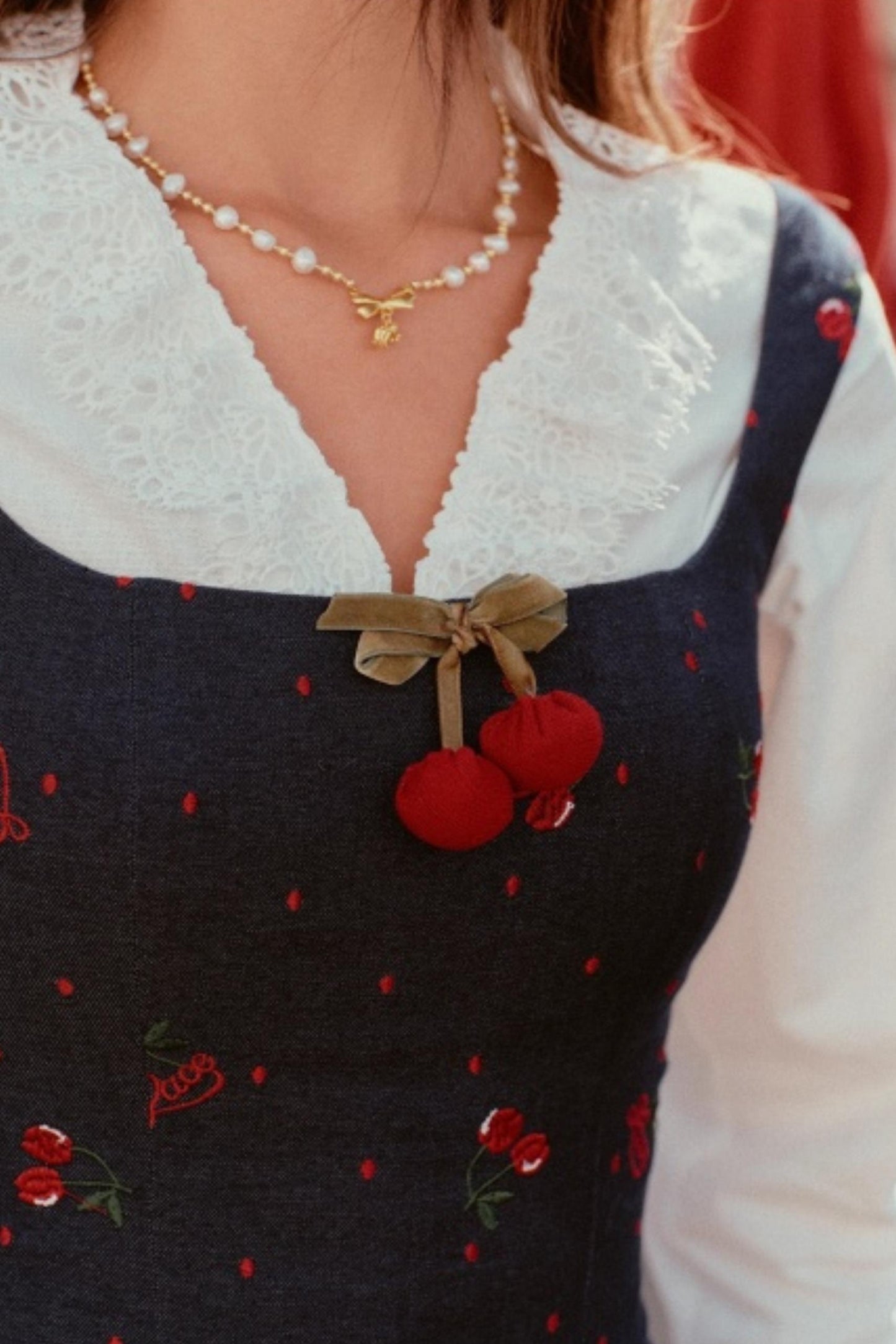 Cherry Lace Embroidered Denim Dress Set-Up