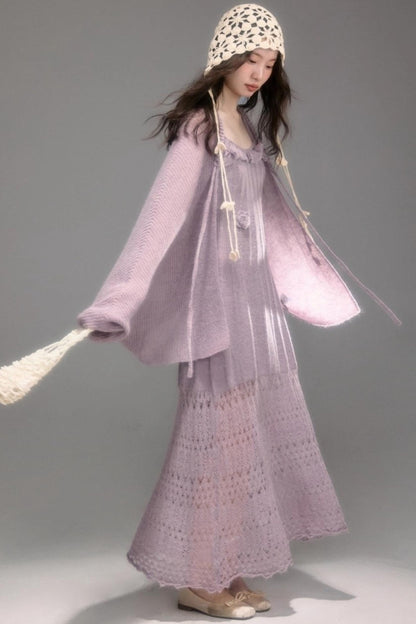 Crochet Knit Camisole Dress Cardigan Set-Up