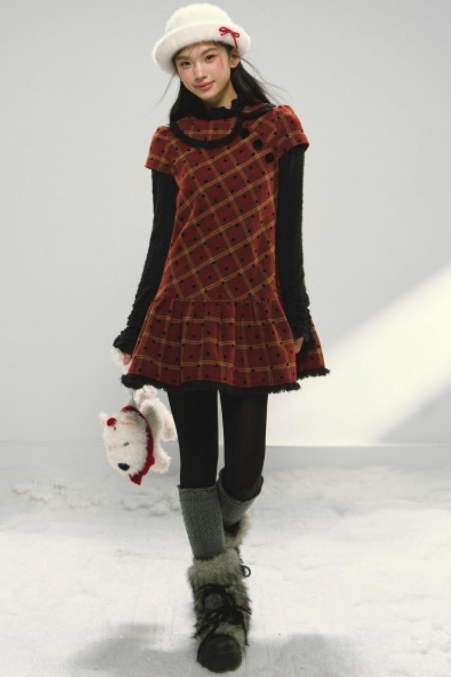 Christmas Plaid Tweed A-Line Dress Set-Up