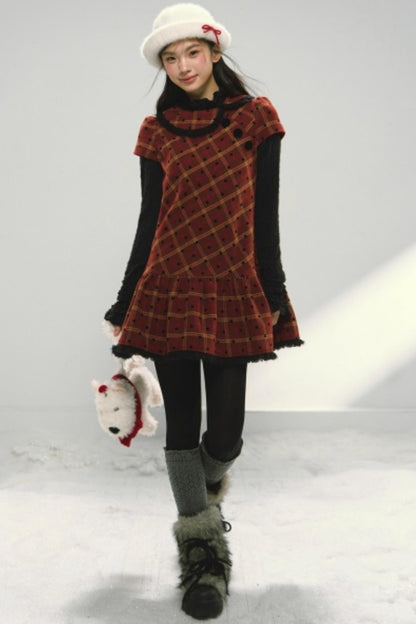 Christmas Plaid Tweed A-Line Dress Set-Up