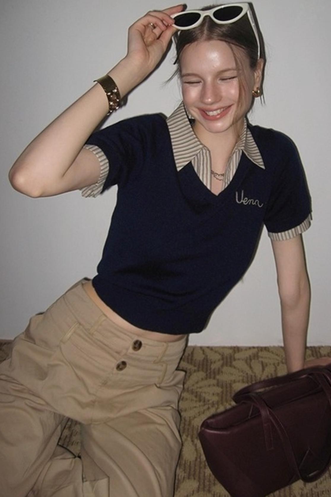 Embroidered Striped Collar Fake Two Piece T-Shirt