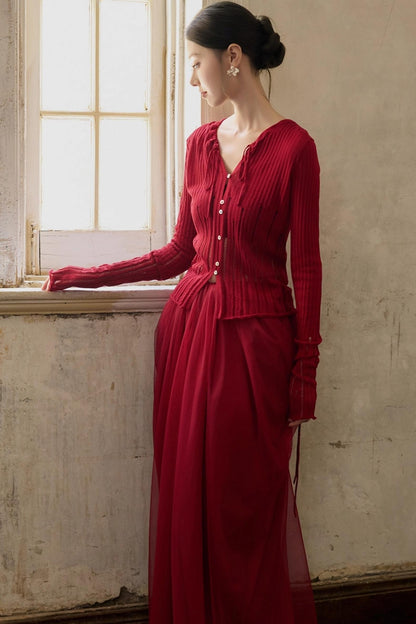 Autumn Red Knitted Cardigan