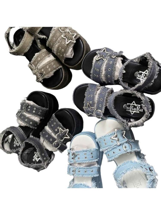 Y2K Punk Star Denim Ösen Gürtel Super Dicke Sohle Sandalen 