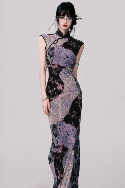 Smokey Purple Color-Blocked Cheongsam Dress