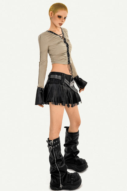 Hot Girl Fringed Leather Skirt