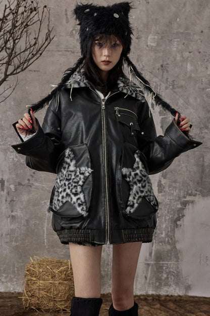 Star Leopard Print Vintage Leather Jacket