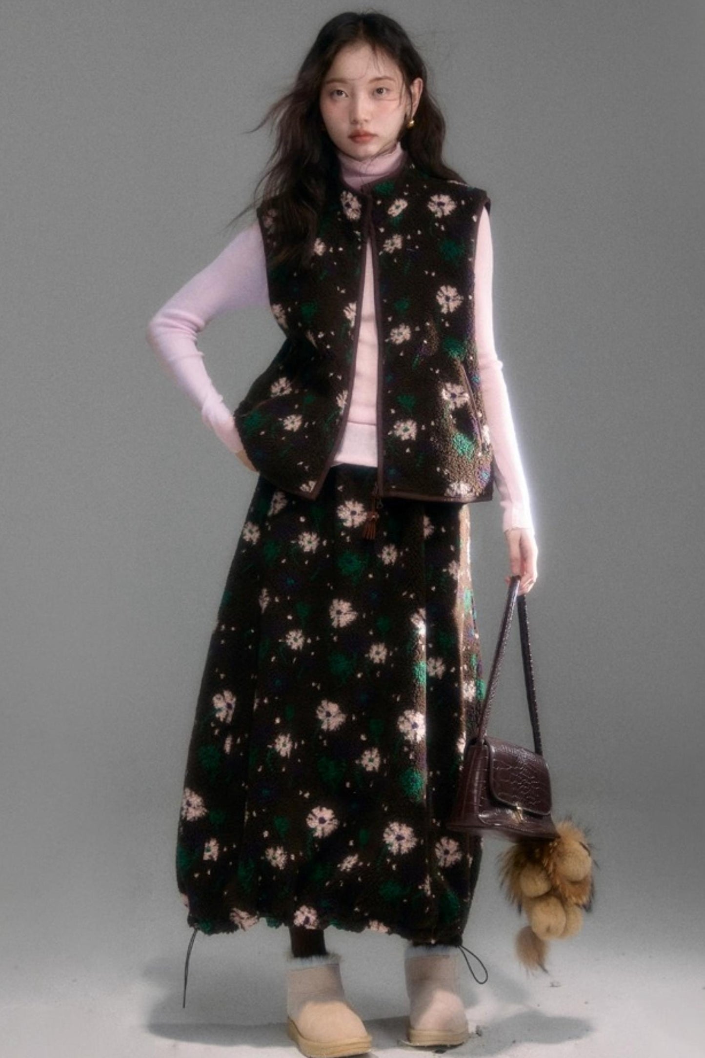 Floral Faux Lamb Wool Vest Jacket Set-Up