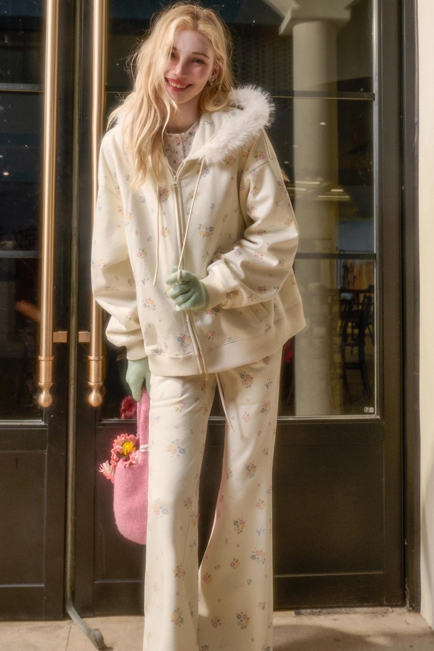 Floral Milky Way Fur Collar Jacket Set-Up