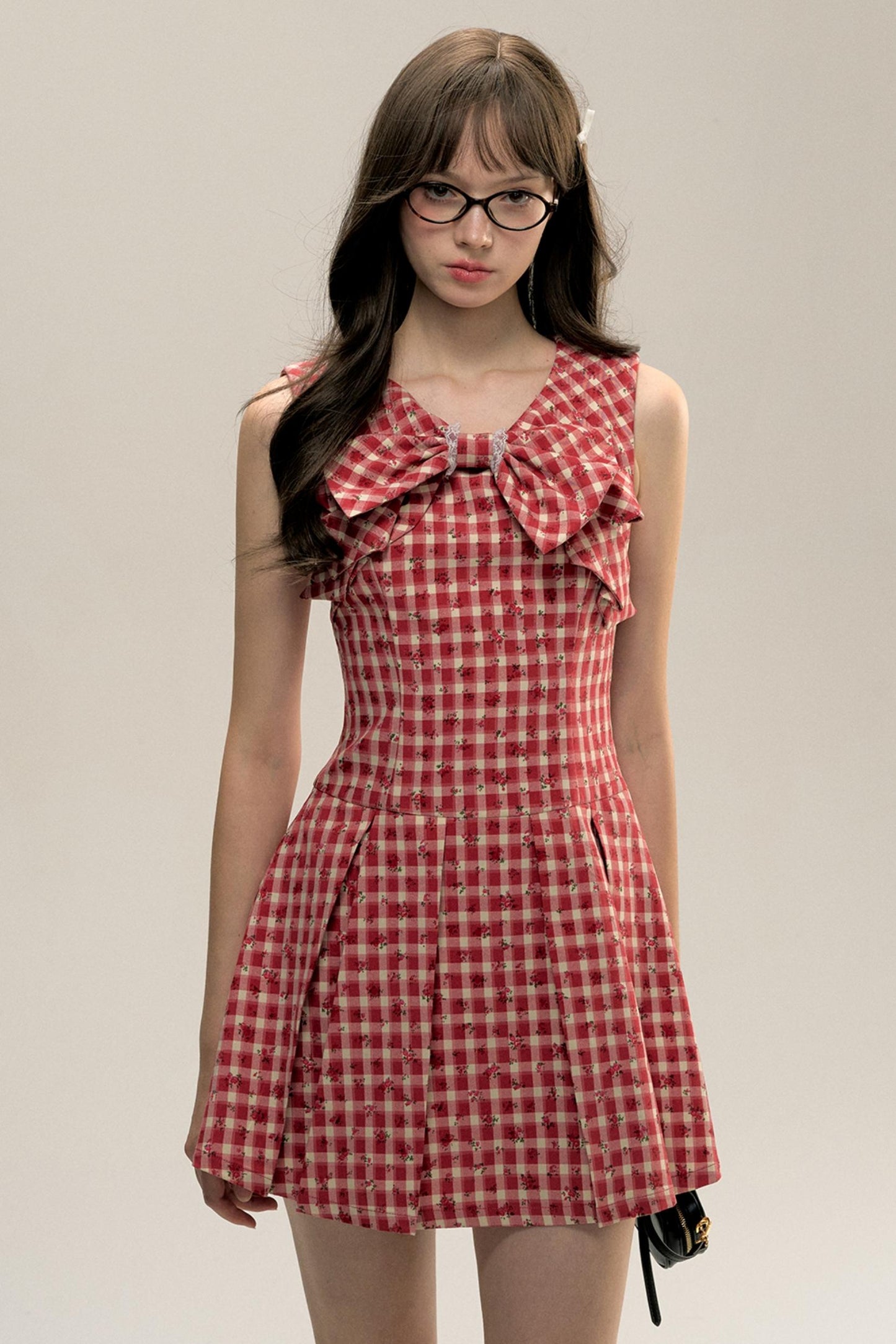 Red Check Floral Bow Vest Dress