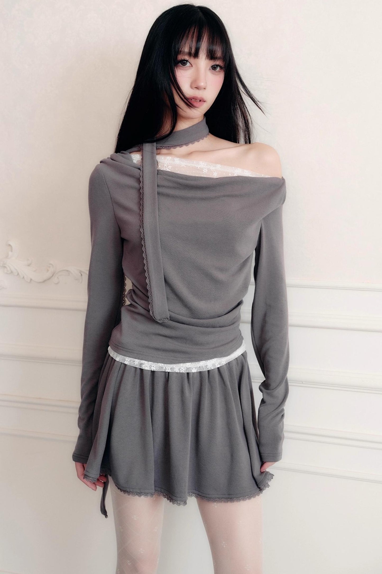 Green Lace Knit Top Skirt Set-Up