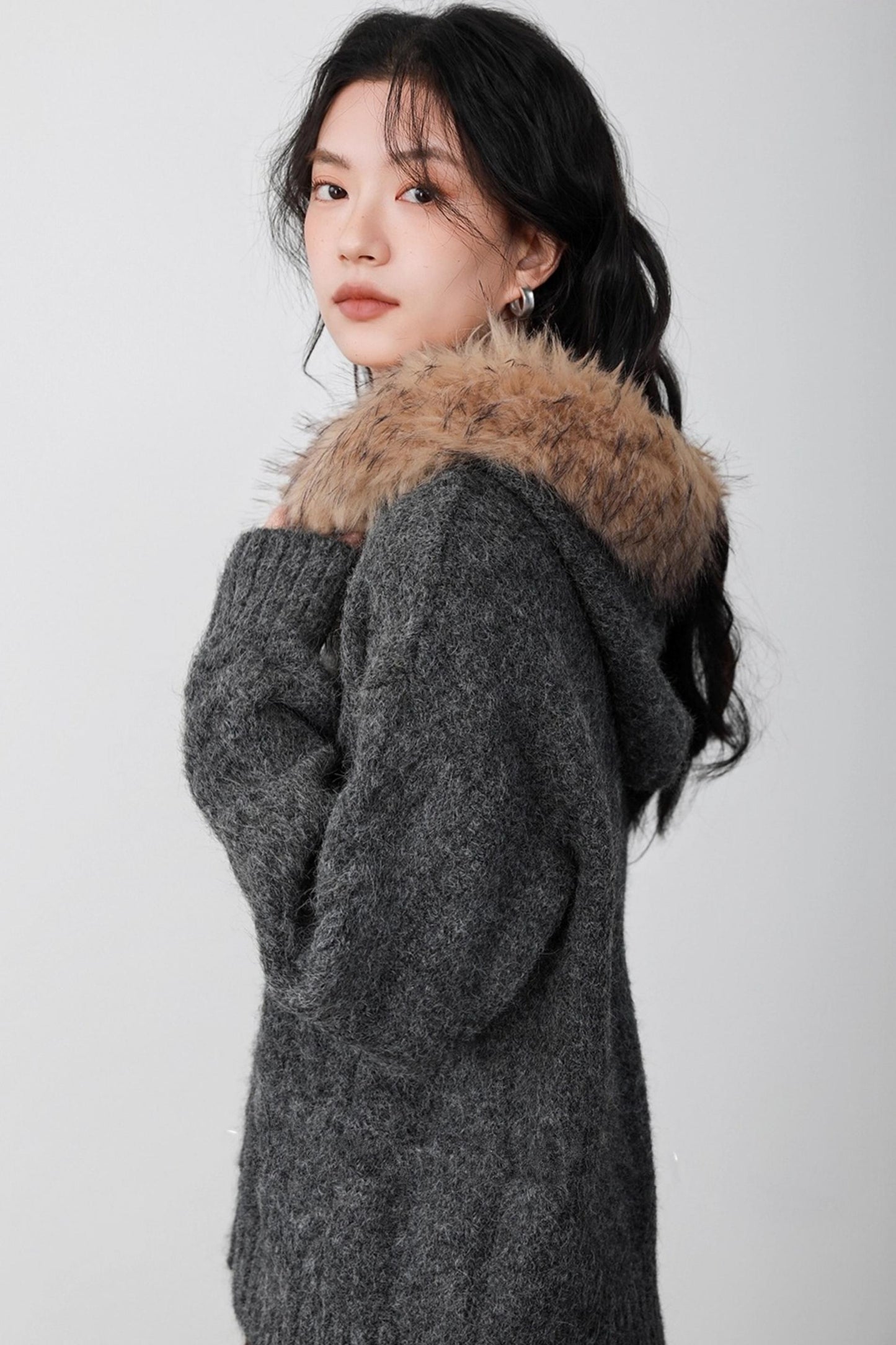 Fog Gray Fur Collar Hooded Jacket