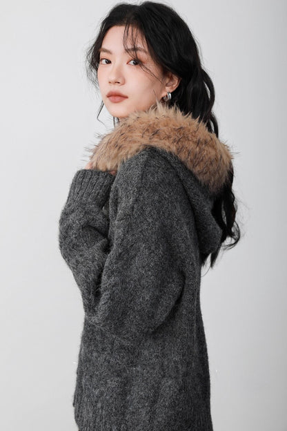 Fog Gray Fur Collar Hooded Jacket