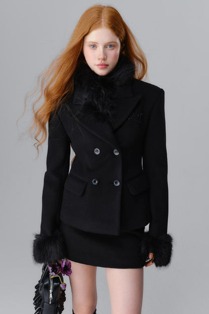 Fur Collar Blazer & Skirt Set-Up