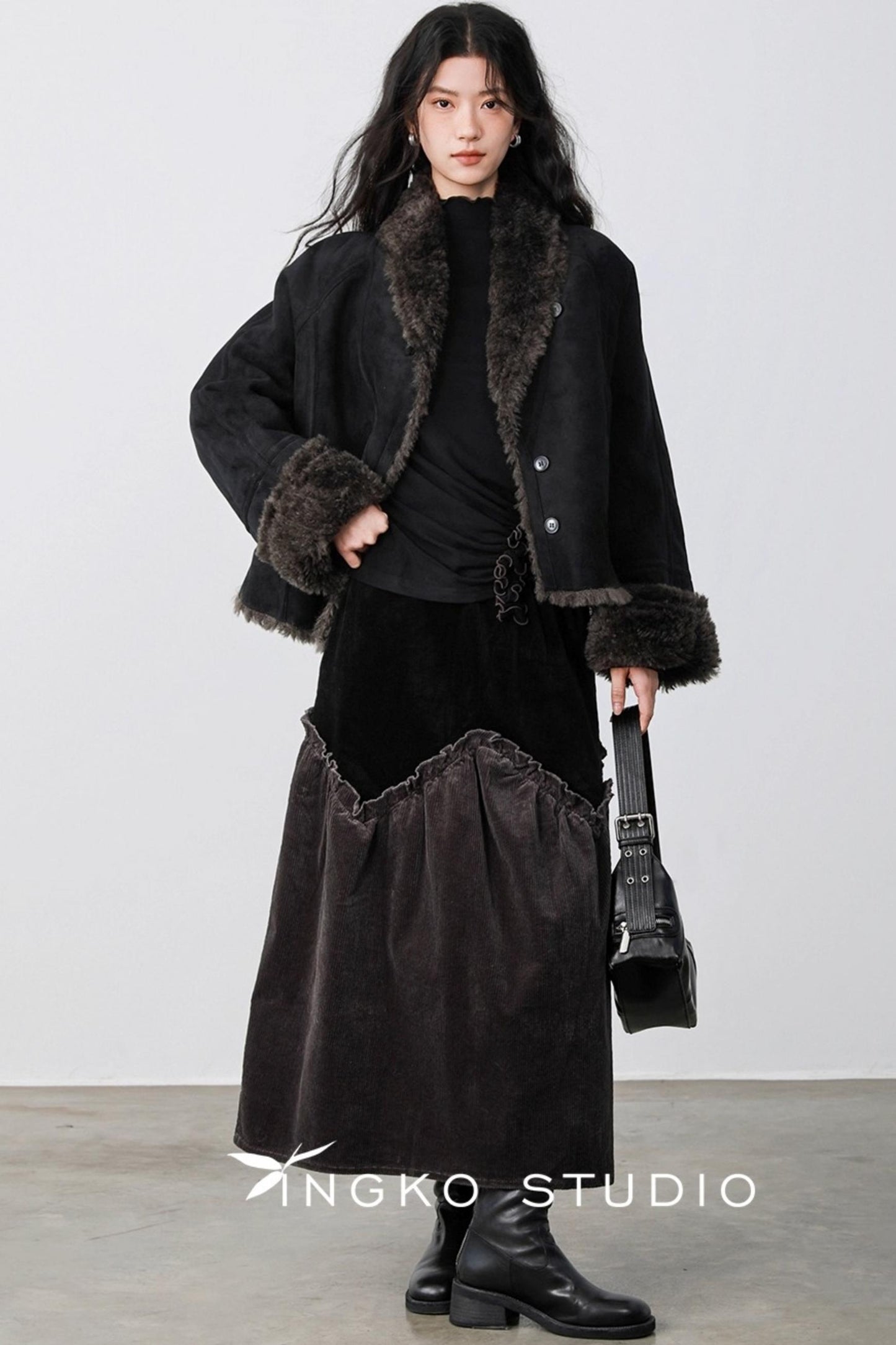 Gray Coffee Spliced Corduroy Skirt