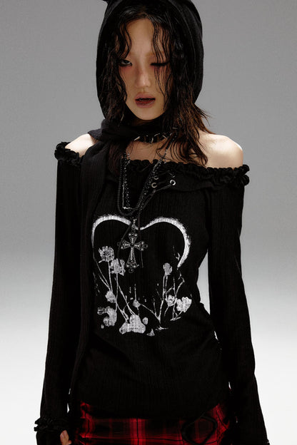 Retro Slim Print Hooded Knit Top