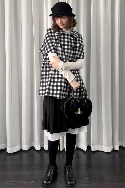 Black Plaid Lapel Woolen Coat