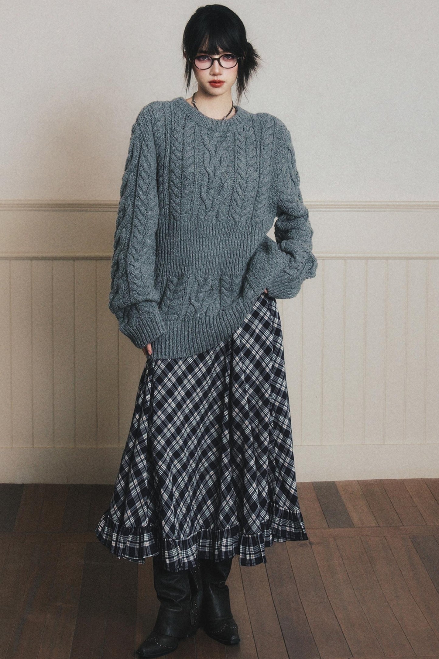 Navy Blue Check A-Line Swing Skirt