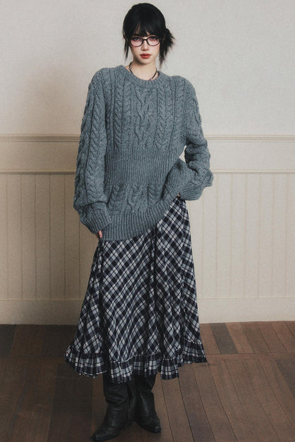 Navy Blue Check A-Line Swing Skirt