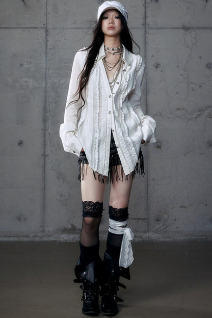 Vintage Lace V-Neck Bubble Sleeve Shirt