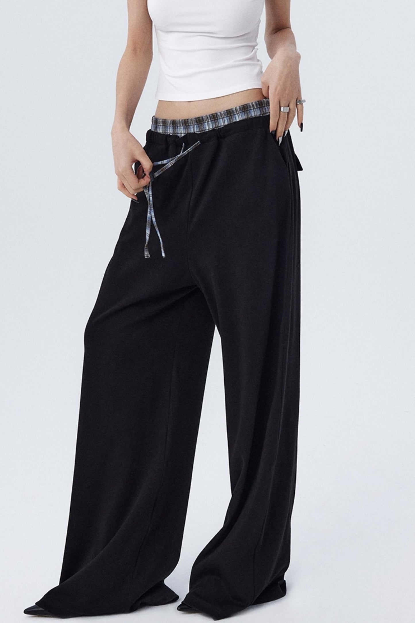 Contrast Check Pattern Wide Pants