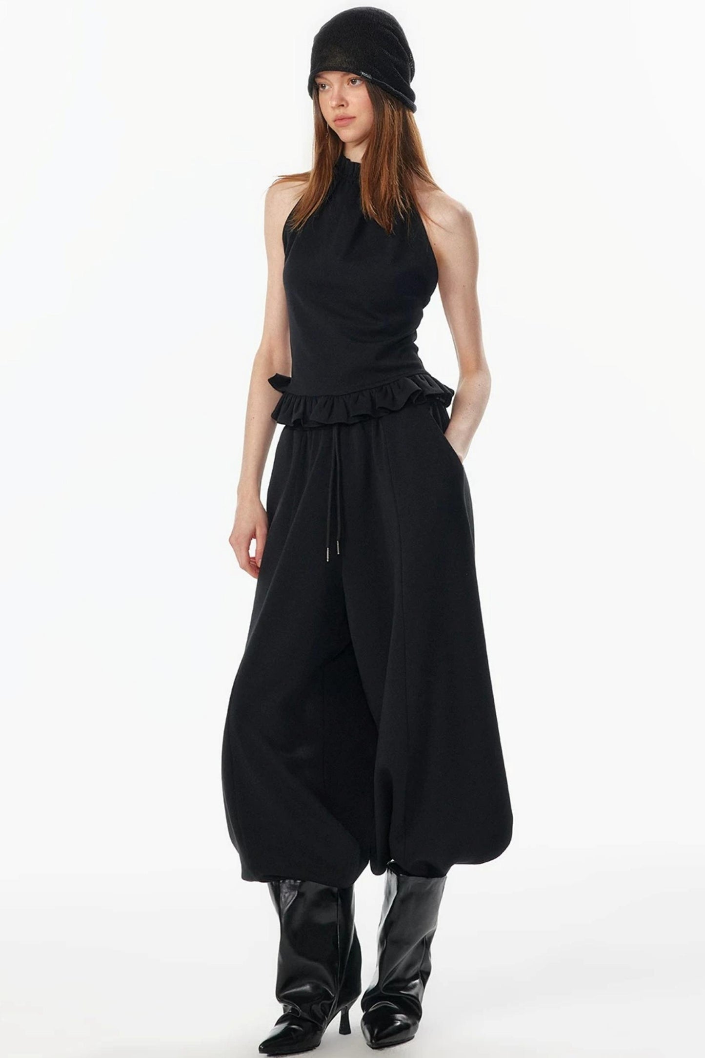 Ruffle Hem Halter Backless Top