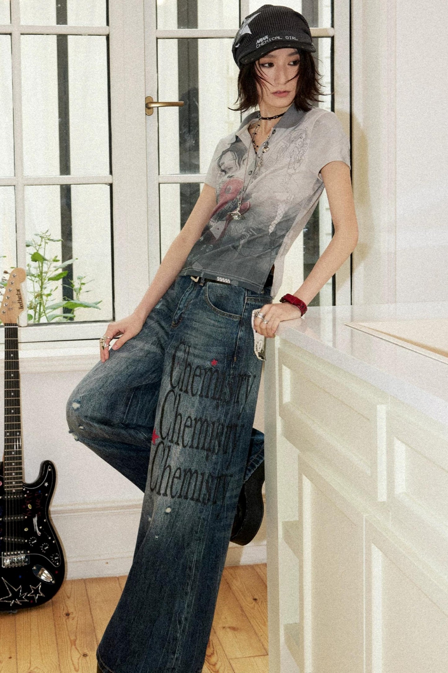 Distressed Portrait V-Neck Top