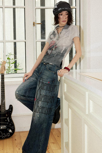 Distressed Portrait V-Neck Top