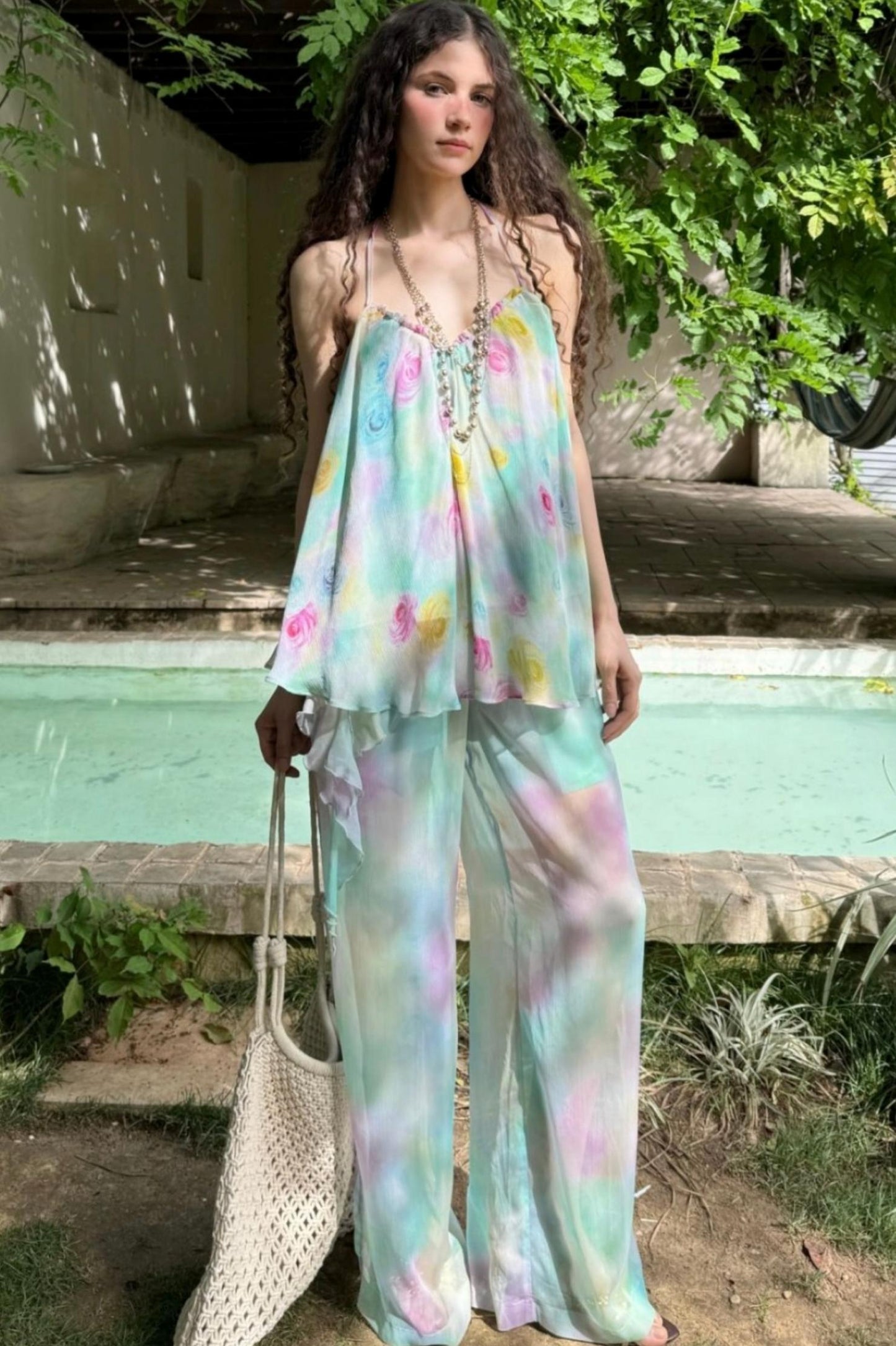 Rose Silk Chiffon Skirt Set-Up