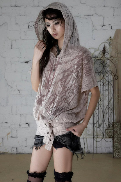 Punk Ripped Knit Hooded Blouse