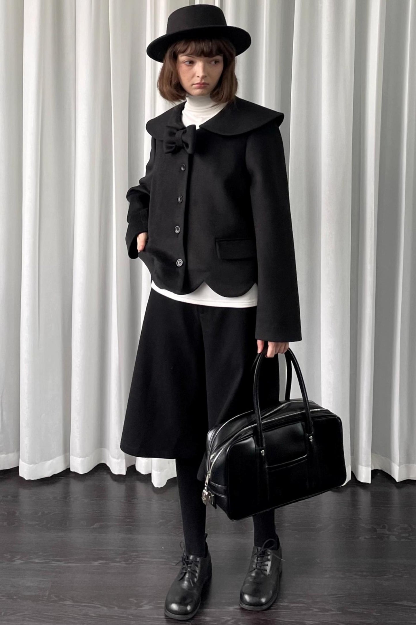 Black Woolen Bow Coat