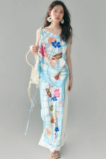 Bread Print Plaid Satin Slip Dress Set-Up