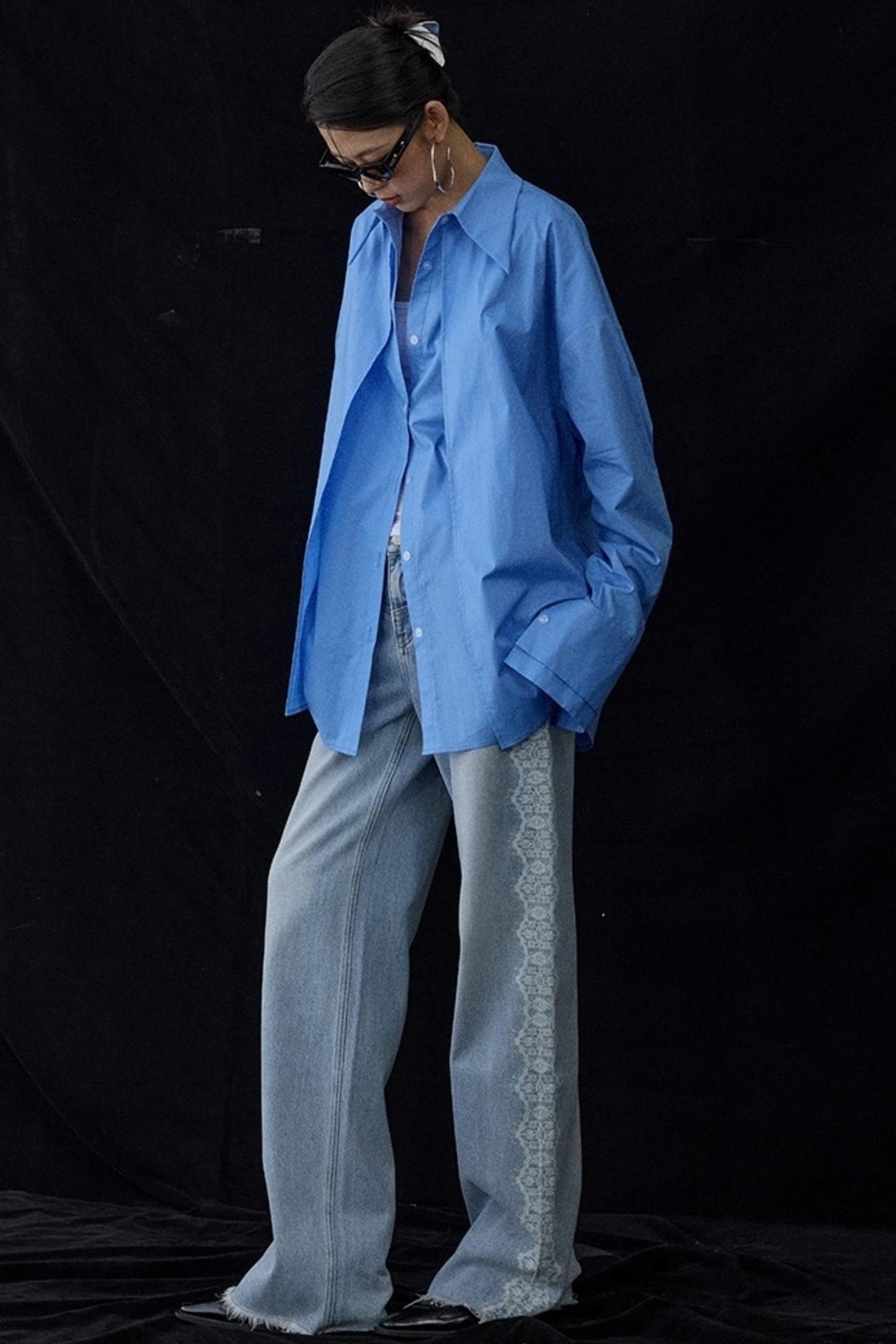 Blue Pointed Long-Sleeved Shirt