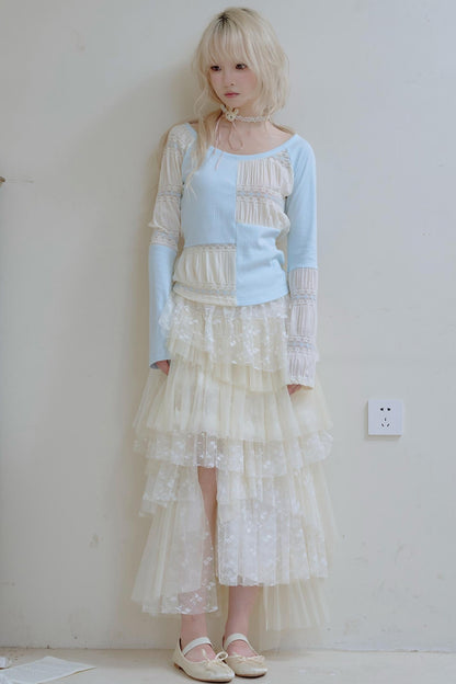 Beige Lace Blue Knit Crew Neck Long Sleeve Top