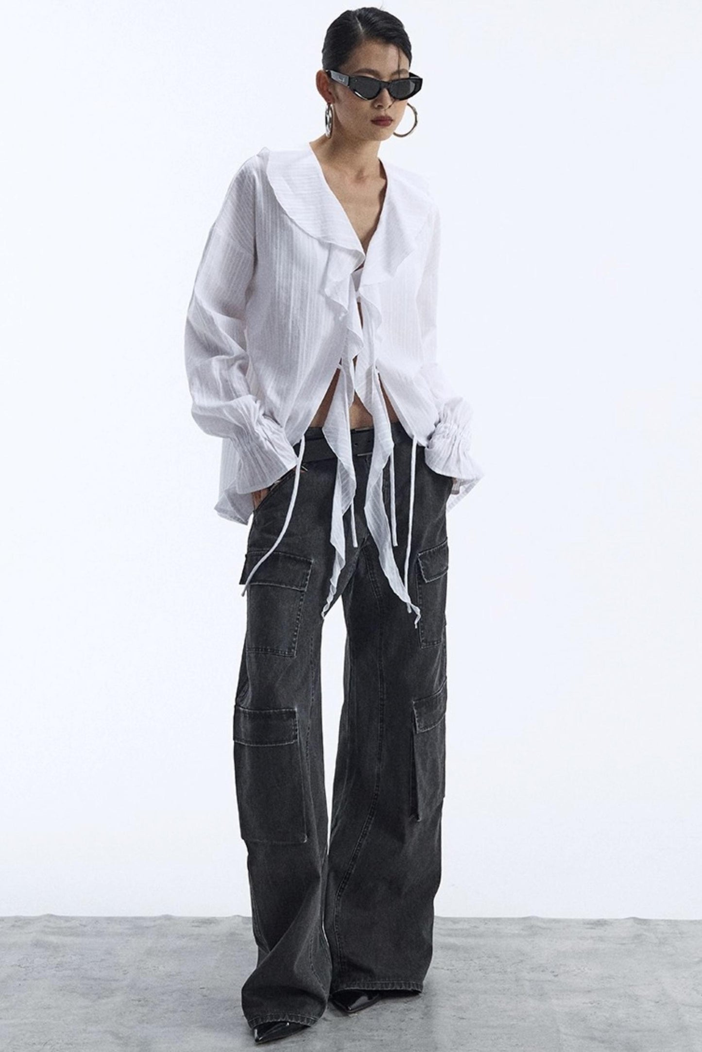 Winter White Ruffled V-Neck Shirt