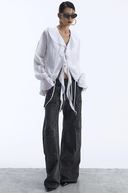 Winter White Ruffled V-Neck Shirt