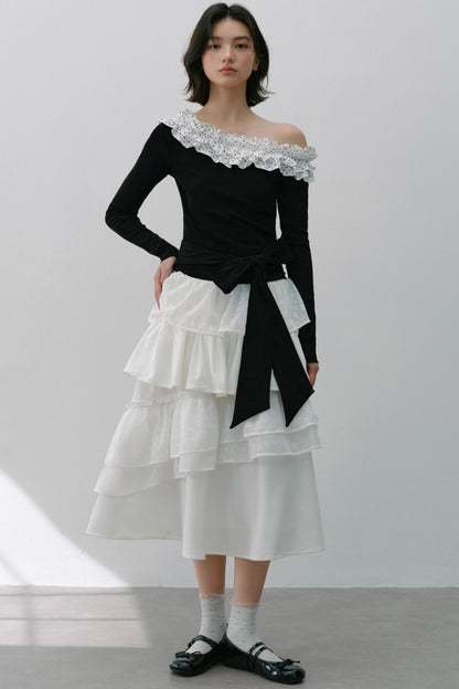 Slanted Polka Dot Long-Sleeved T-Shirt